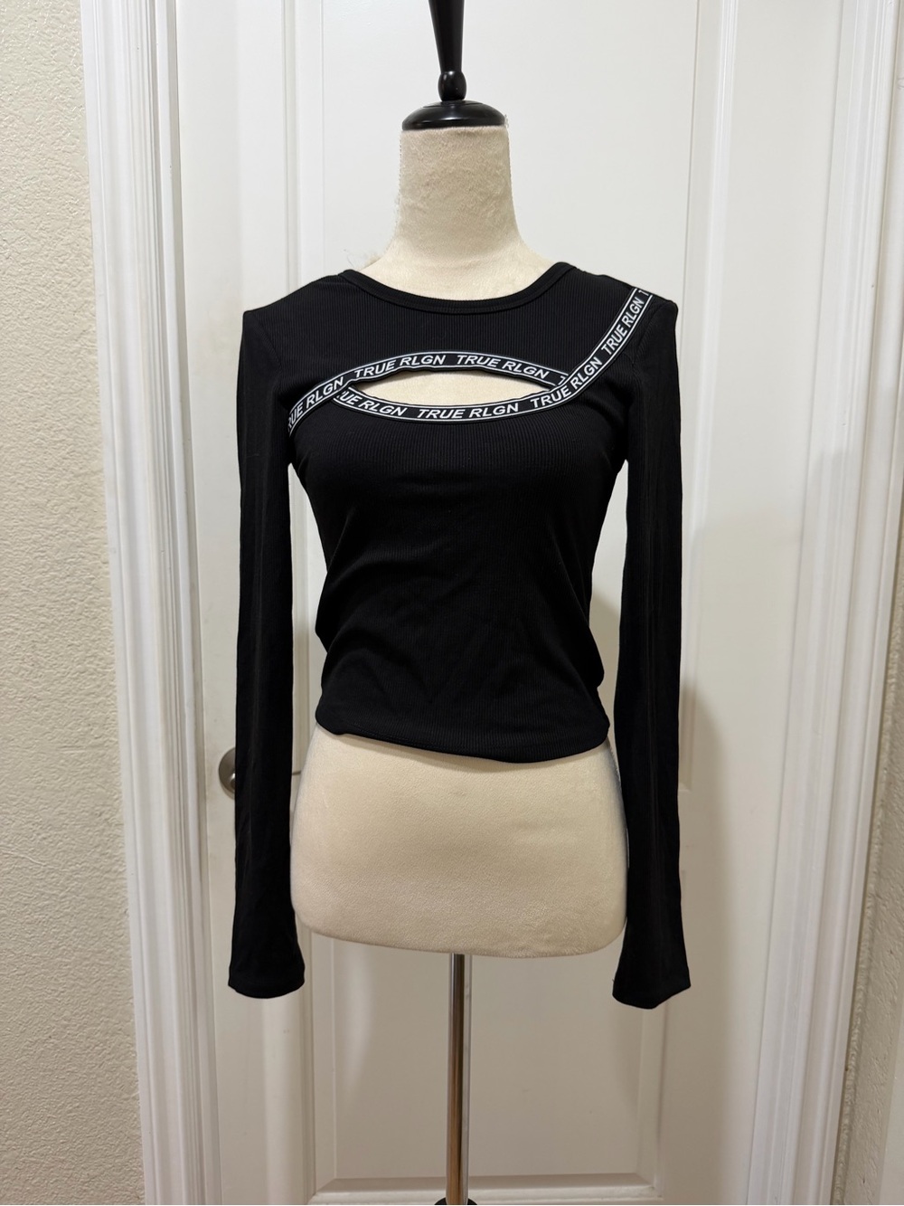 NWT Y2K True Religion Black Long-Sleeve Ribbed Top with Logo Tape XS